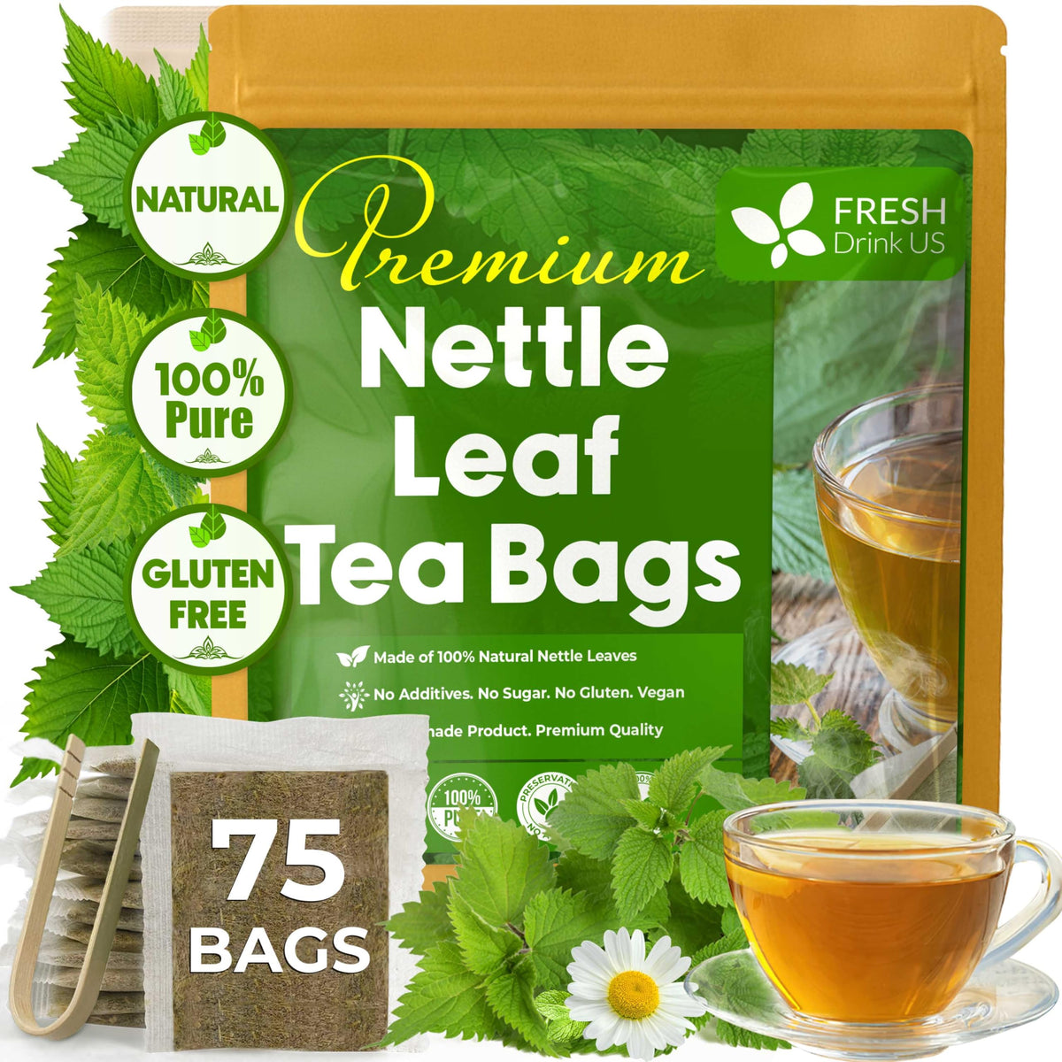 FreshDrinkUS nettle leaf tea bags packaging highlights eco-friendly packaging for natural tea lovers.