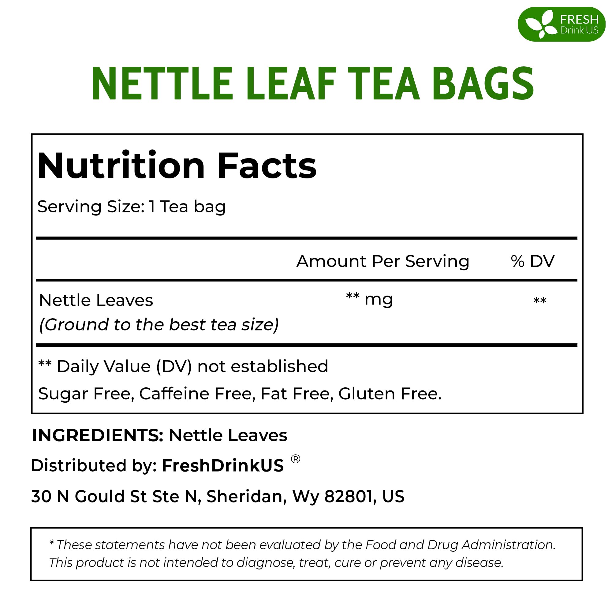FreshDrinkUS nettle leaf tea bag steeping in a cup for caffeine-free refreshment.