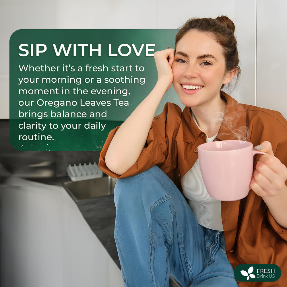 FreshDrinkUS brewed cup with oregano leaves reveals bold aroma and comforting flavor.