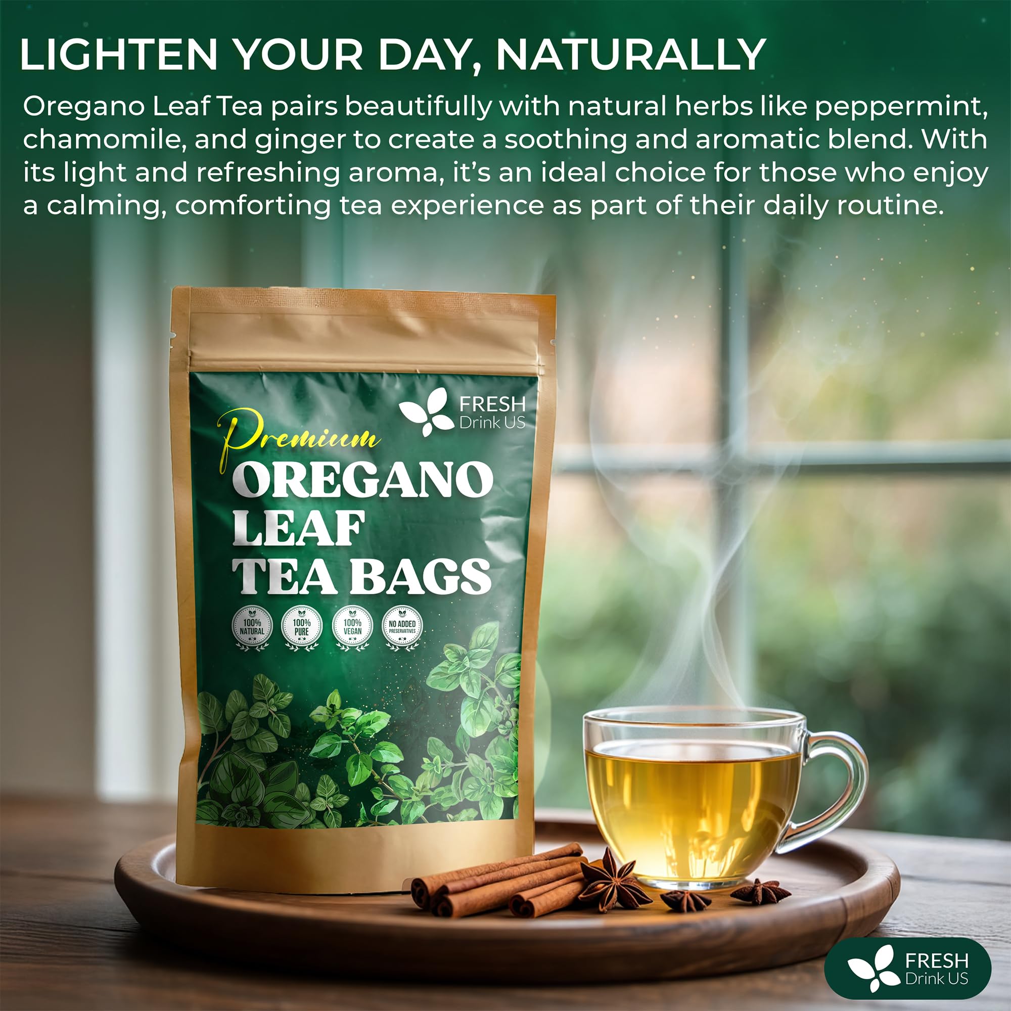 FreshDrinkUS tea infuser with oregano leaves shows easy steeping.
