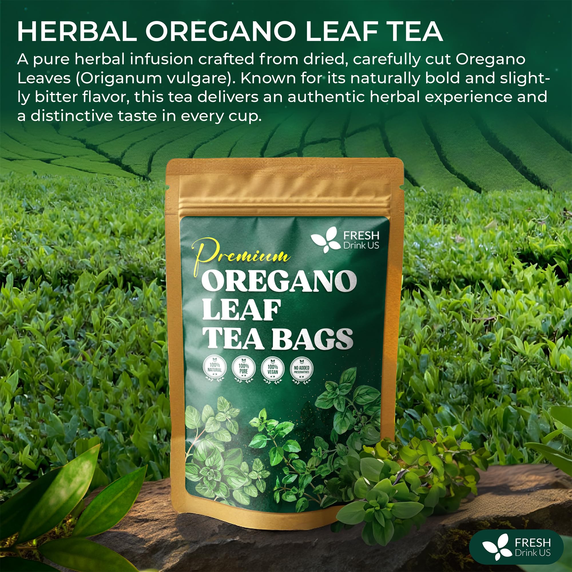 FreshDrinkUS packaging highlights premium quality and sustainable sourcing for oregano tea.