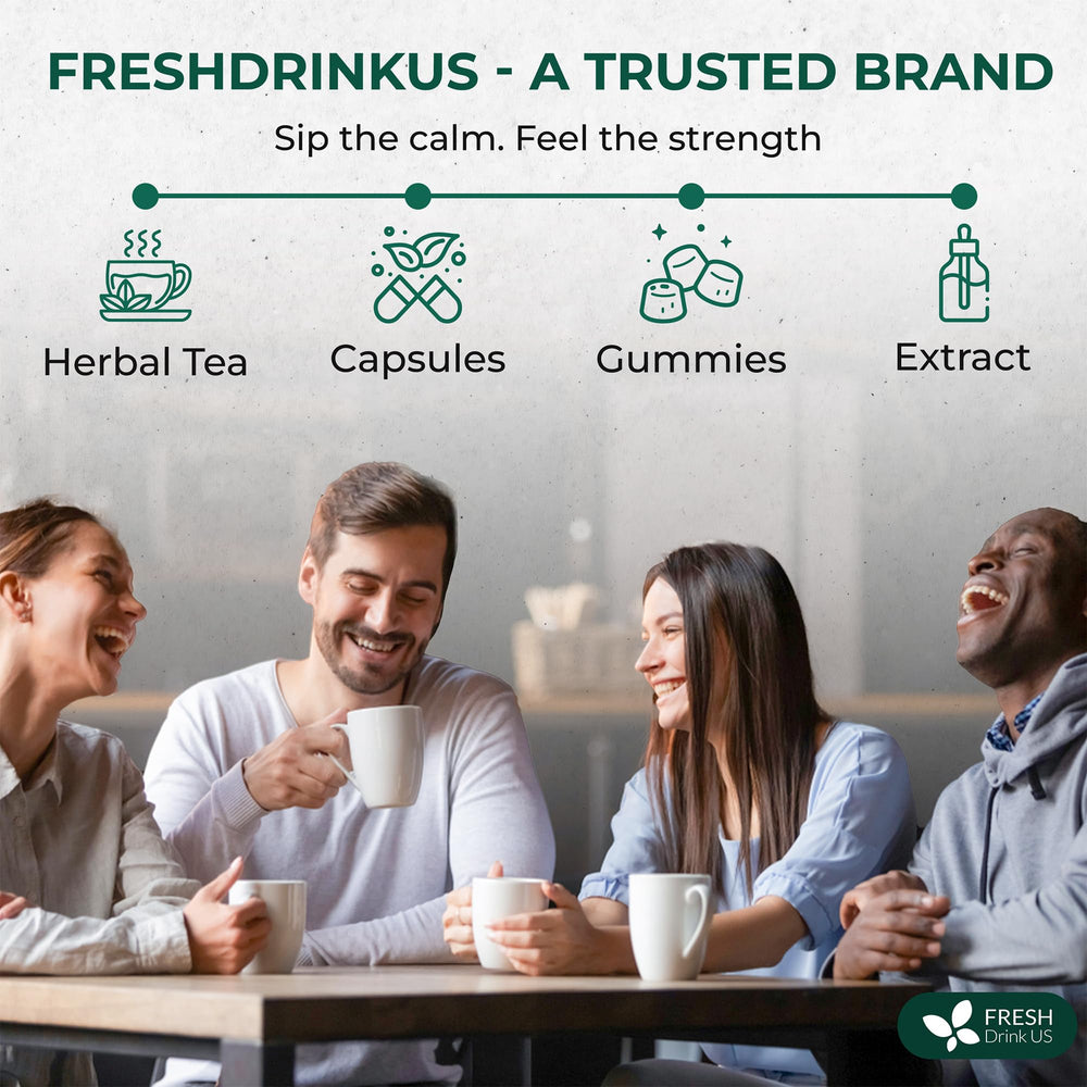 FreshDrinkUS sustainable sourcing badge on oregano tea packaging.