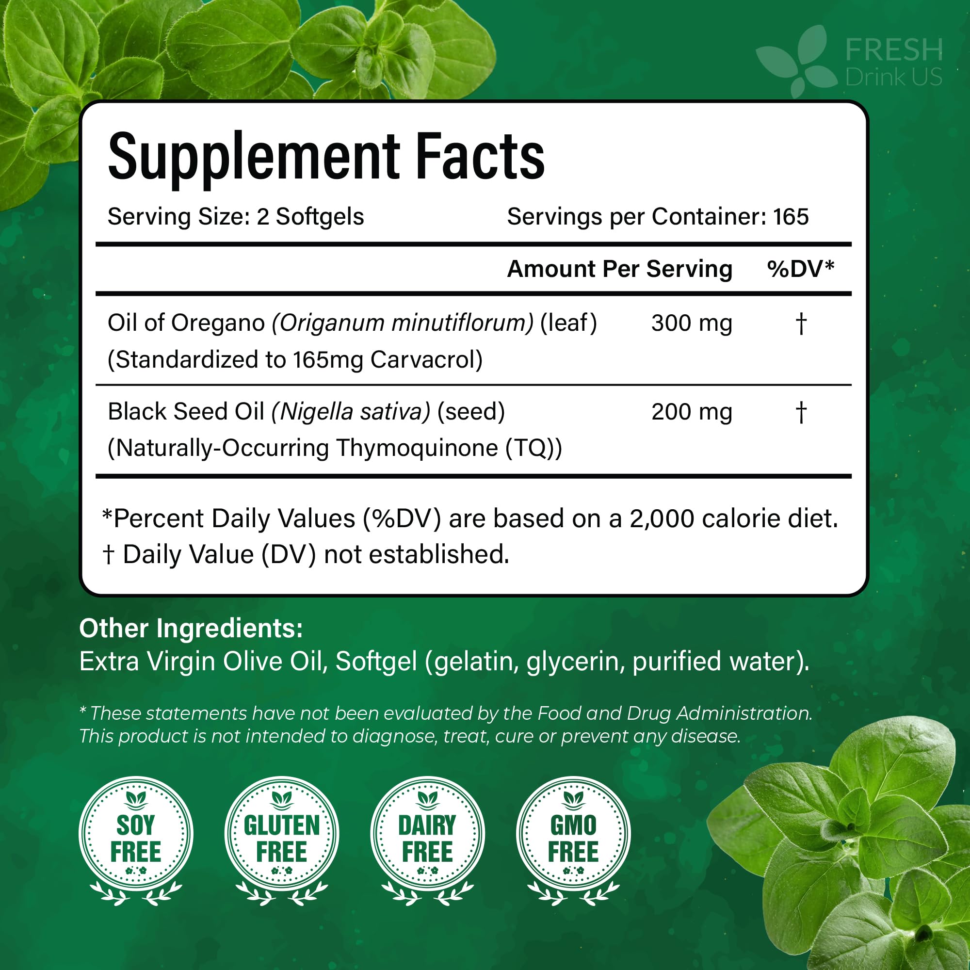 FreshDrinkUS oregano softgels bottle closeup showing easy-to-swallow capsules.