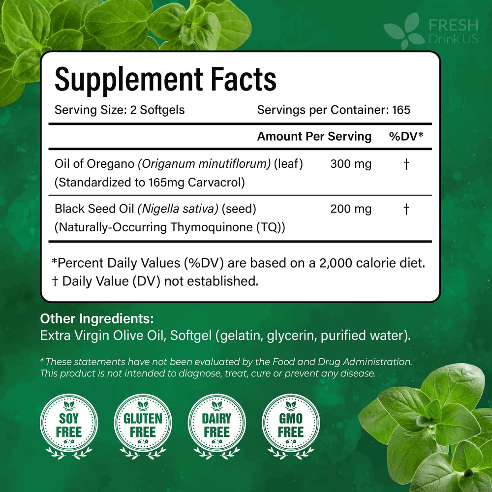 FreshDrinkUS oregano softgels bottle closeup showing easy-to-swallow capsules.