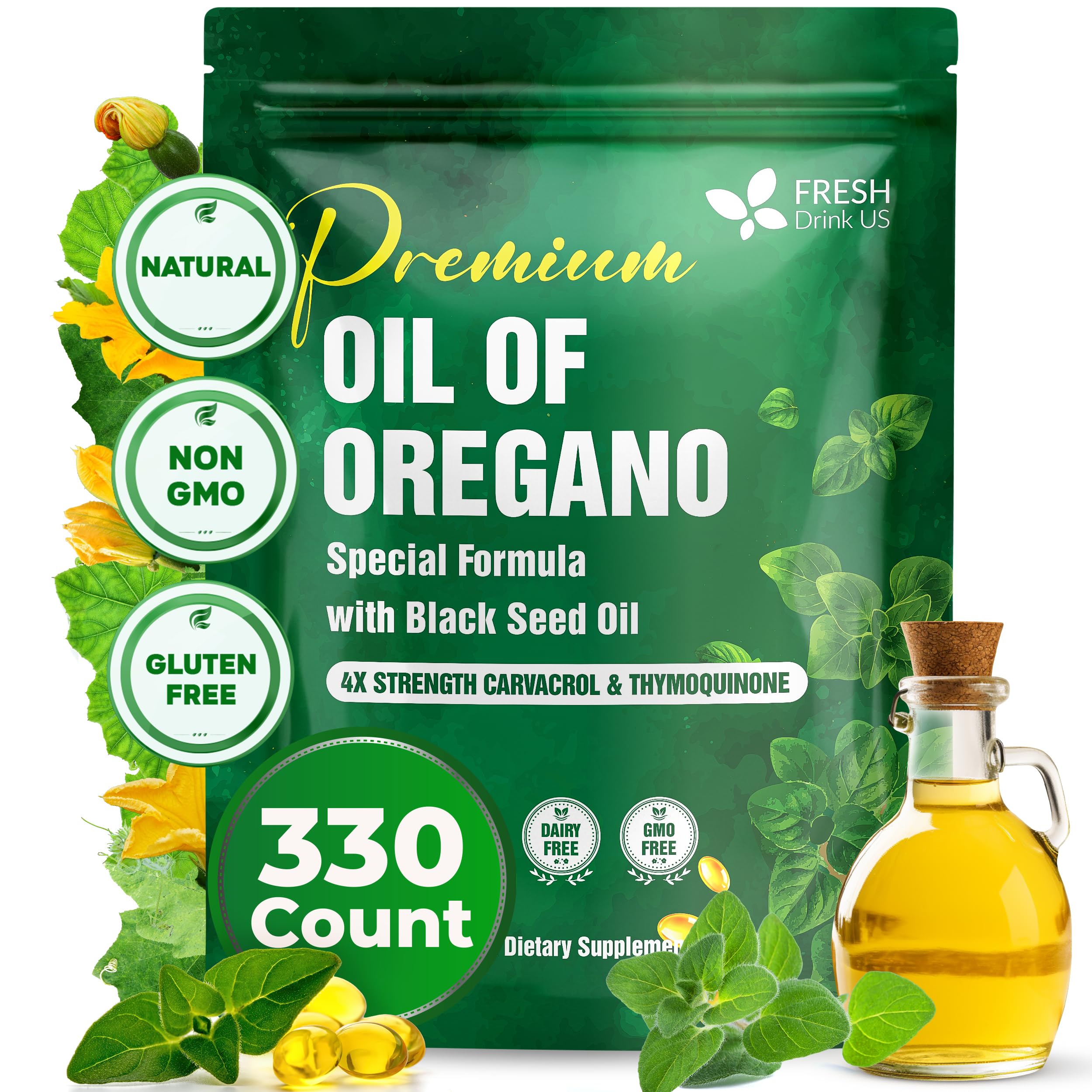 FreshDrinkUS oregano softgels bottle top view for convenient daily use.