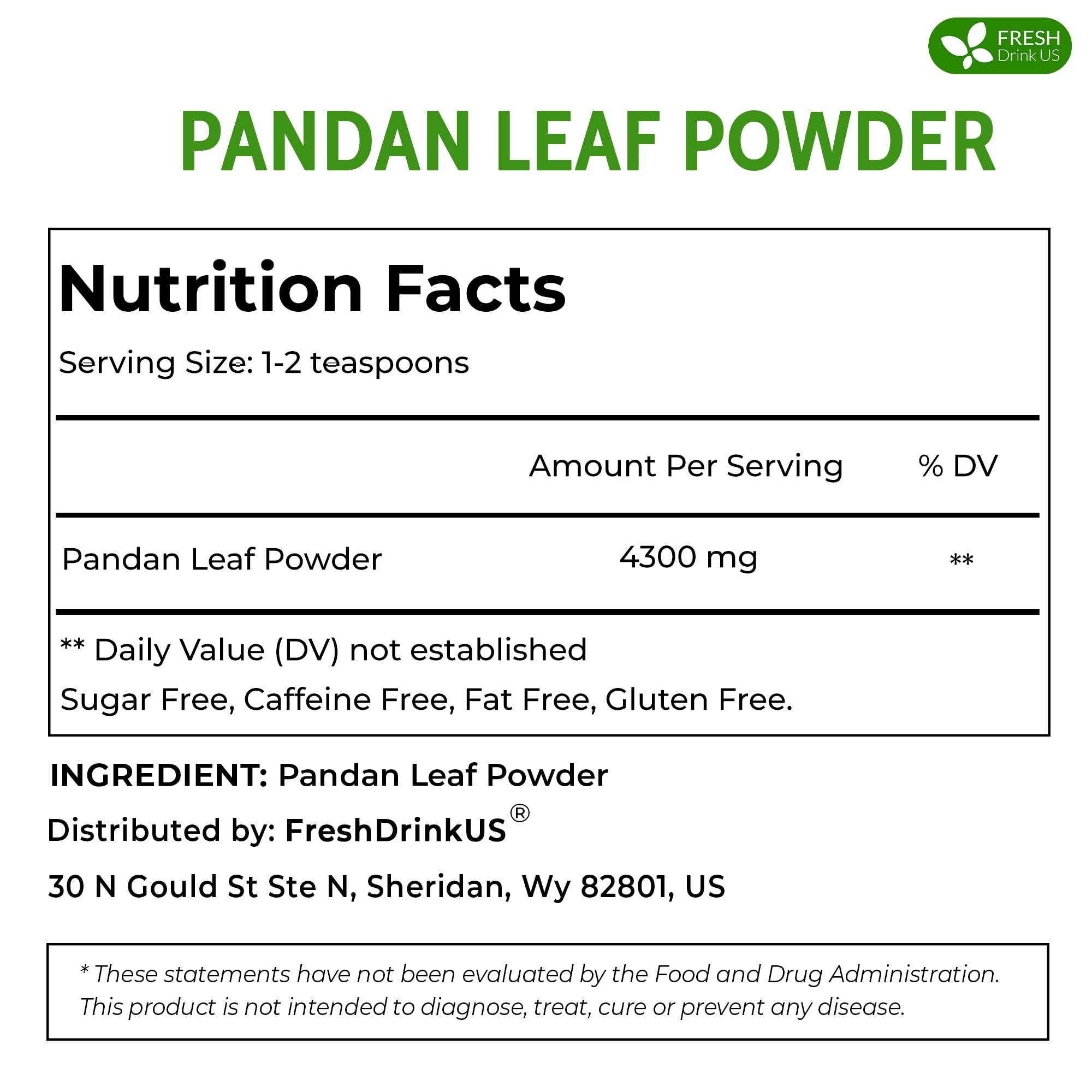 Close-up of FRESHDRINKUS pandan leaf powder showing vibrant green color