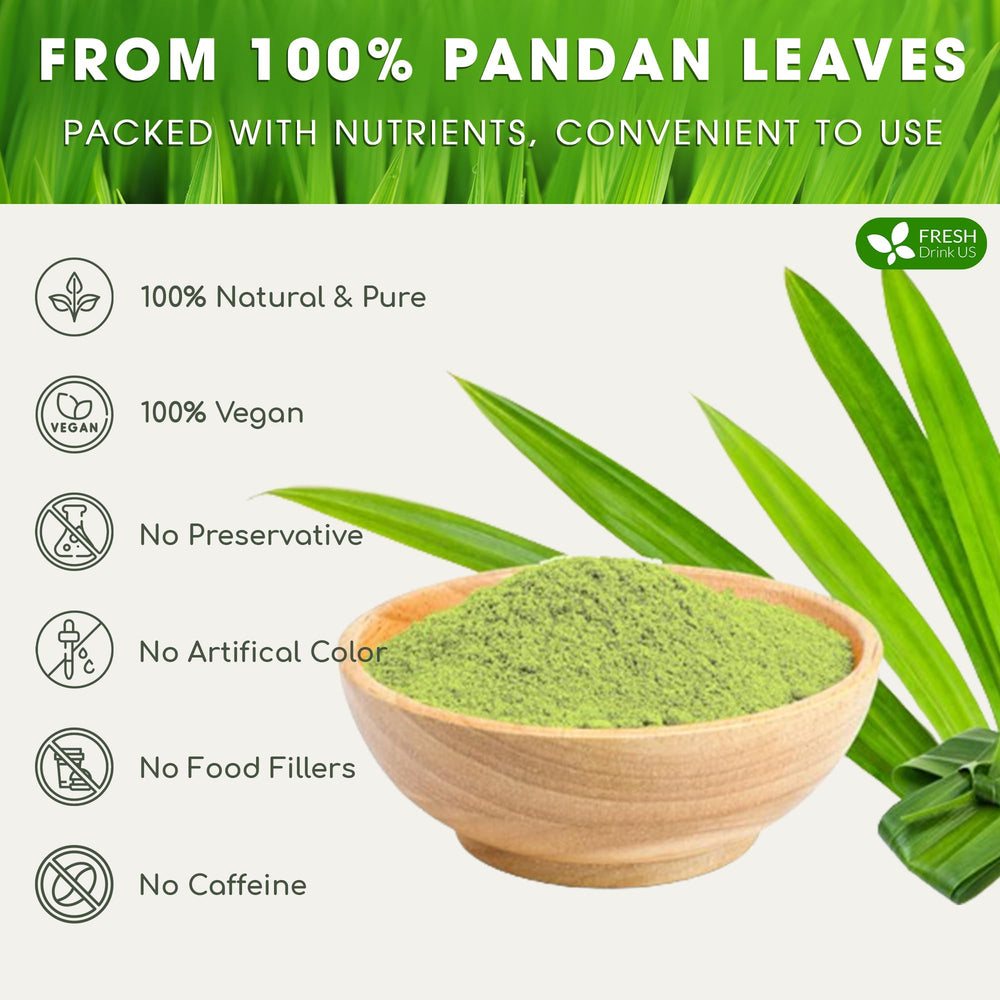 Jar and scoop of FRESHDRINKUS pandan leaf powder for precise measurements