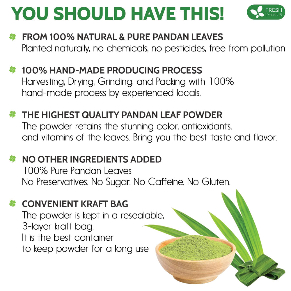 FRESHDRINKUS packaging label for pandan leaf powder with clear information