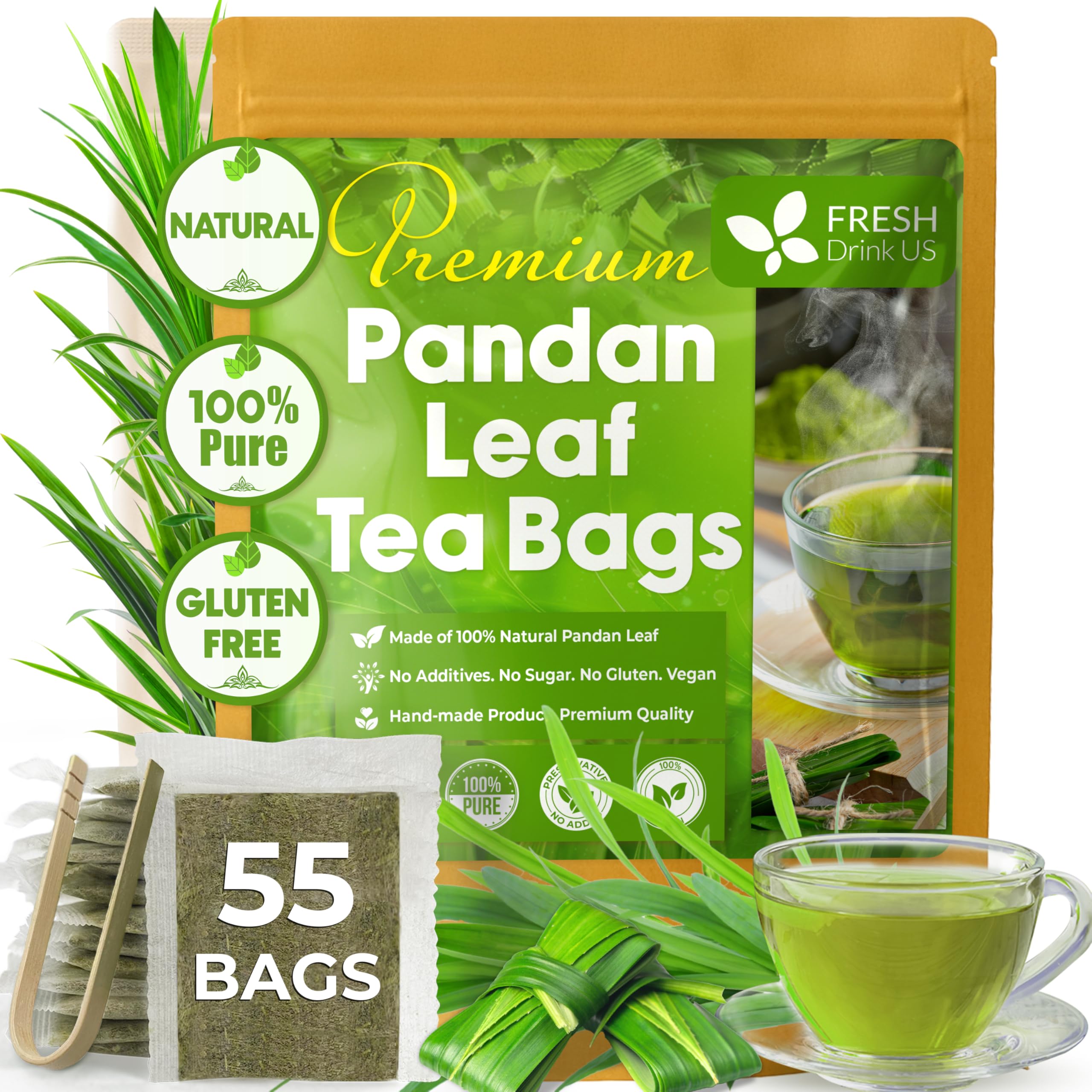 FreshDrinkUS pandan tea bag close-up showing natural leaves and premium quality