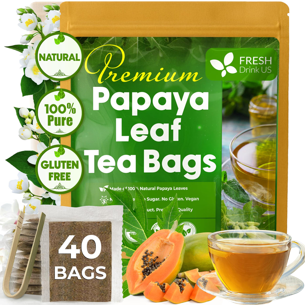FreshDrinkUS papaya leaf tea bag close-up showing natural leaf detail and caffeine-free option