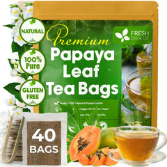 FreshDrinkUS papaya leaf tea bag close-up showing natural leaf detail and caffeine-free option