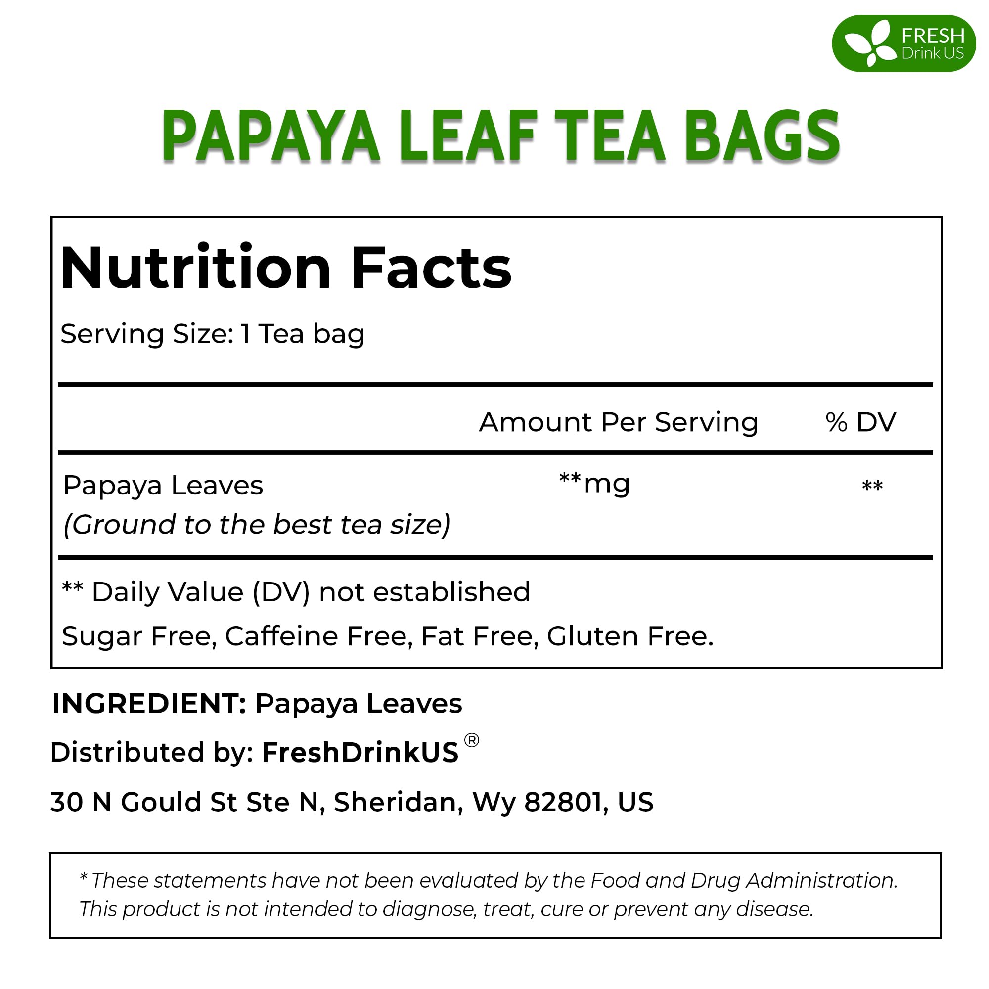 FreshDrinkUS papaya leaf tea bags packaging highlighting natural, pesticide-free quality