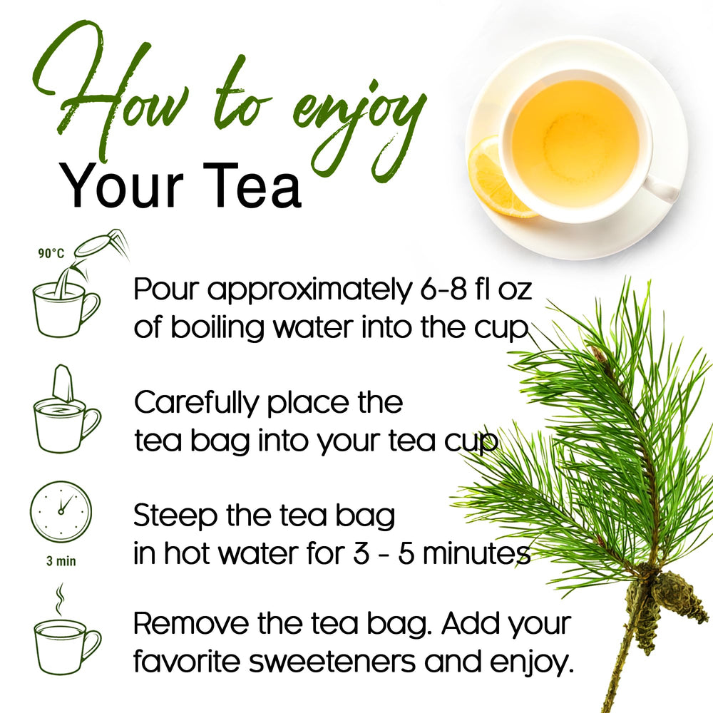 FreshDrinkUS pine needle tea bag on a saucer ready for a comforting break