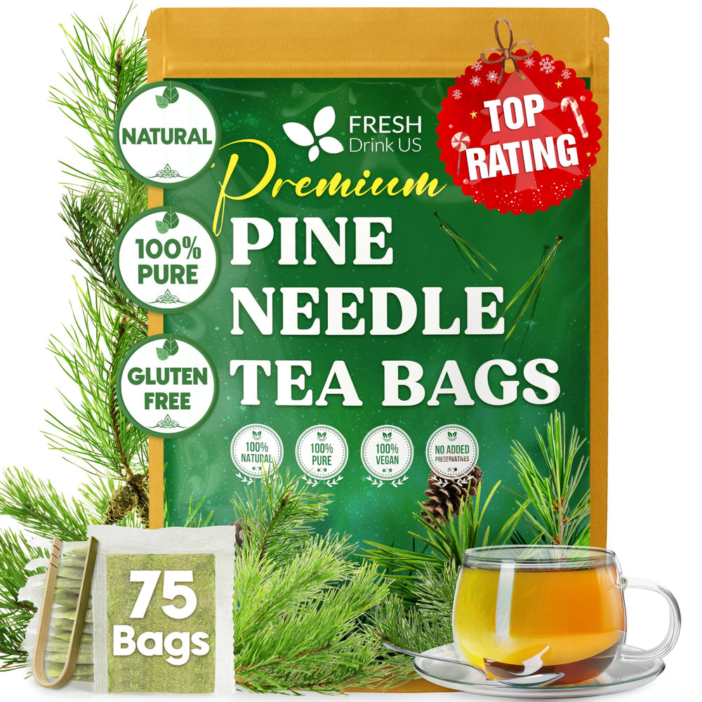 FreshDrinkUS pine needle tea bag in cup for a refreshing caffeine-free moment
