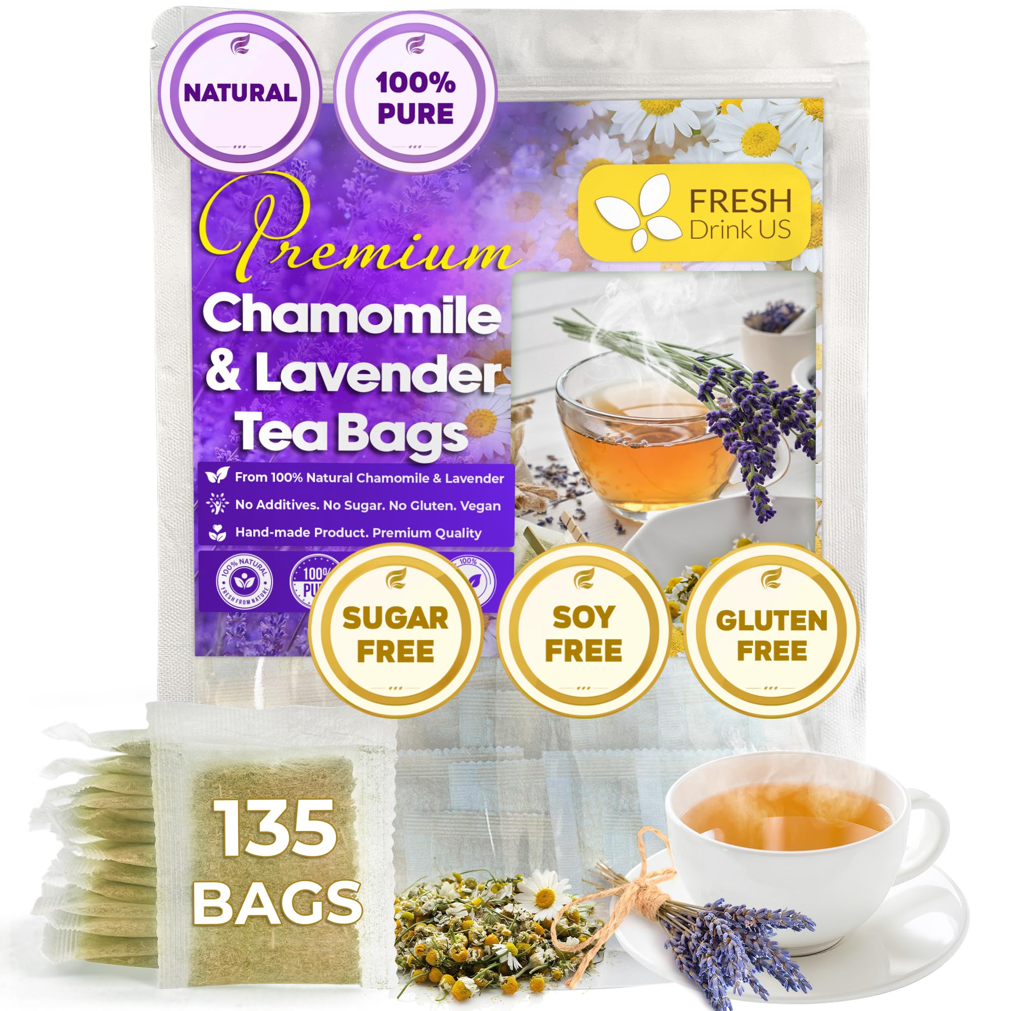 FreshDrinkUS premium chamomile lavender tea bags packaging highlights eco-friendly materials