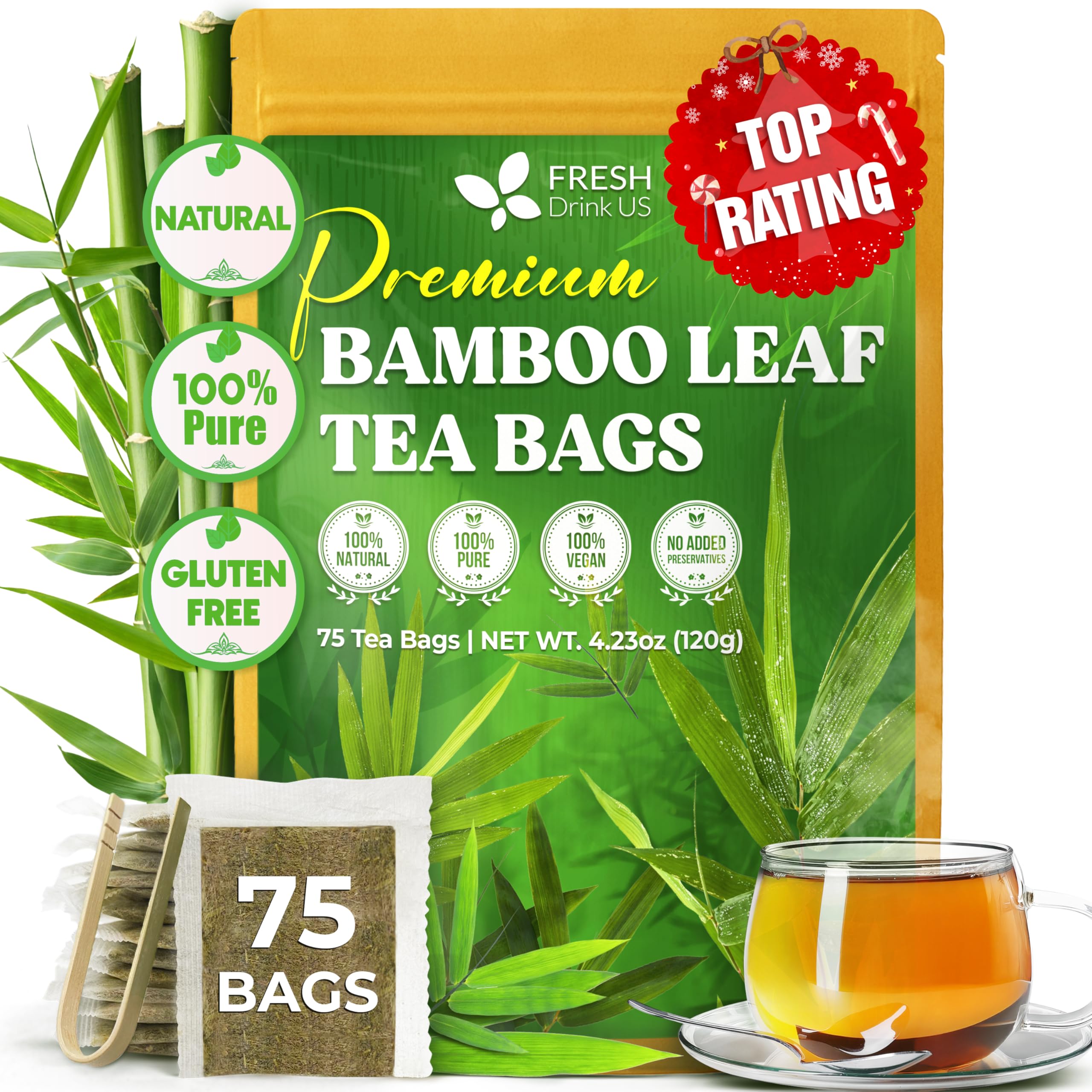 FreshDrinkUS premium bamboo leaf tea bags for caffeine-free refreshment in hot or iced tea