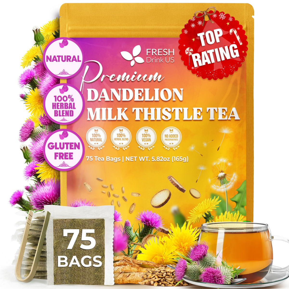 FreshDrinkUS premium dandelion milk thistle tea bags for a caffeine-free daily ritual