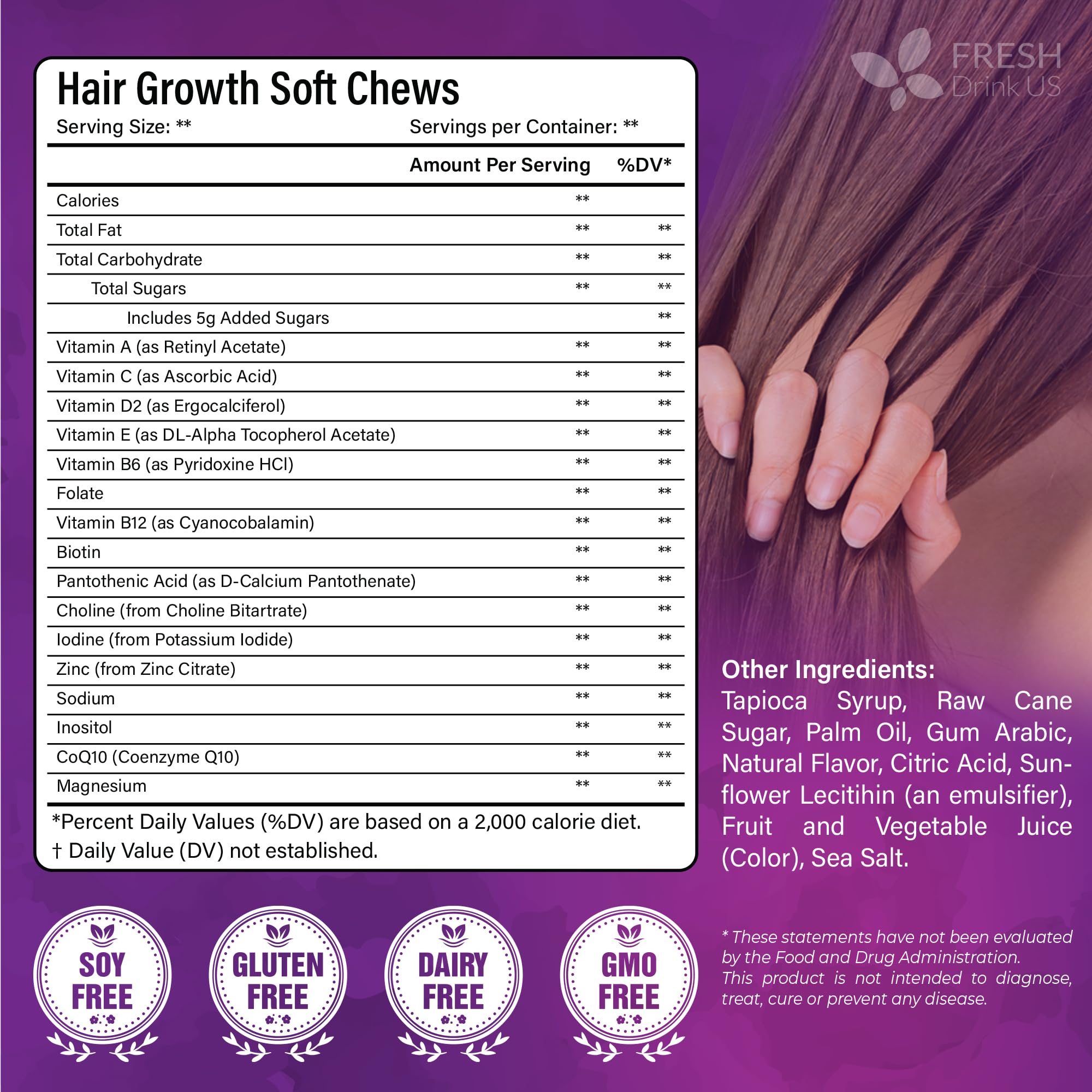 FreshDrinkUS soft chews close-up highlighting fruity flavor and easy routine.