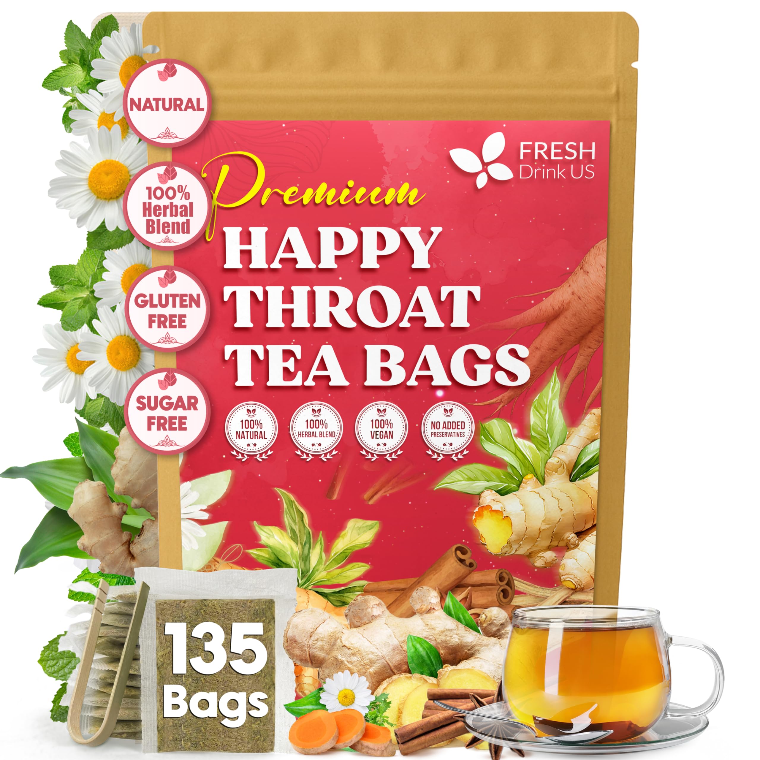 FreshDrinkUS Premium Happy Throat Tea bag closeup for caffeine-free comfort