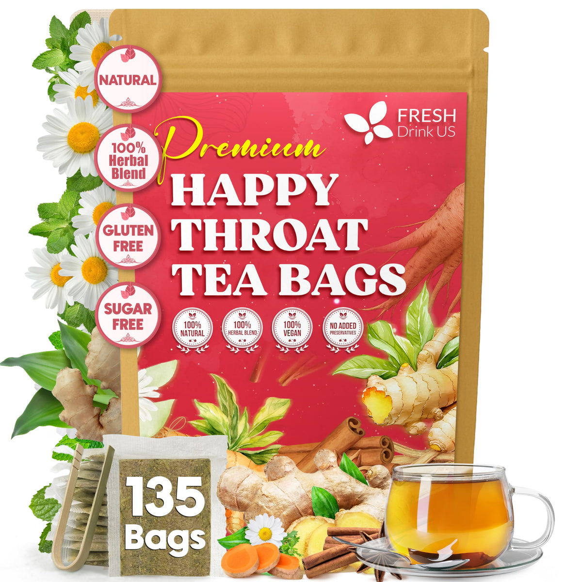 FreshDrinkUS Premium Happy Throat Tea bag closeup for caffeine-free comfort
