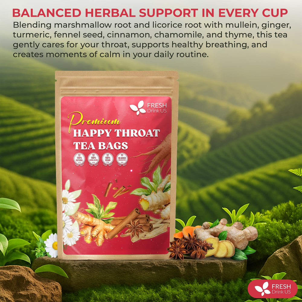 FreshDrinkUS Premium Happy Throat Tea in glass cup releasing warm aroma