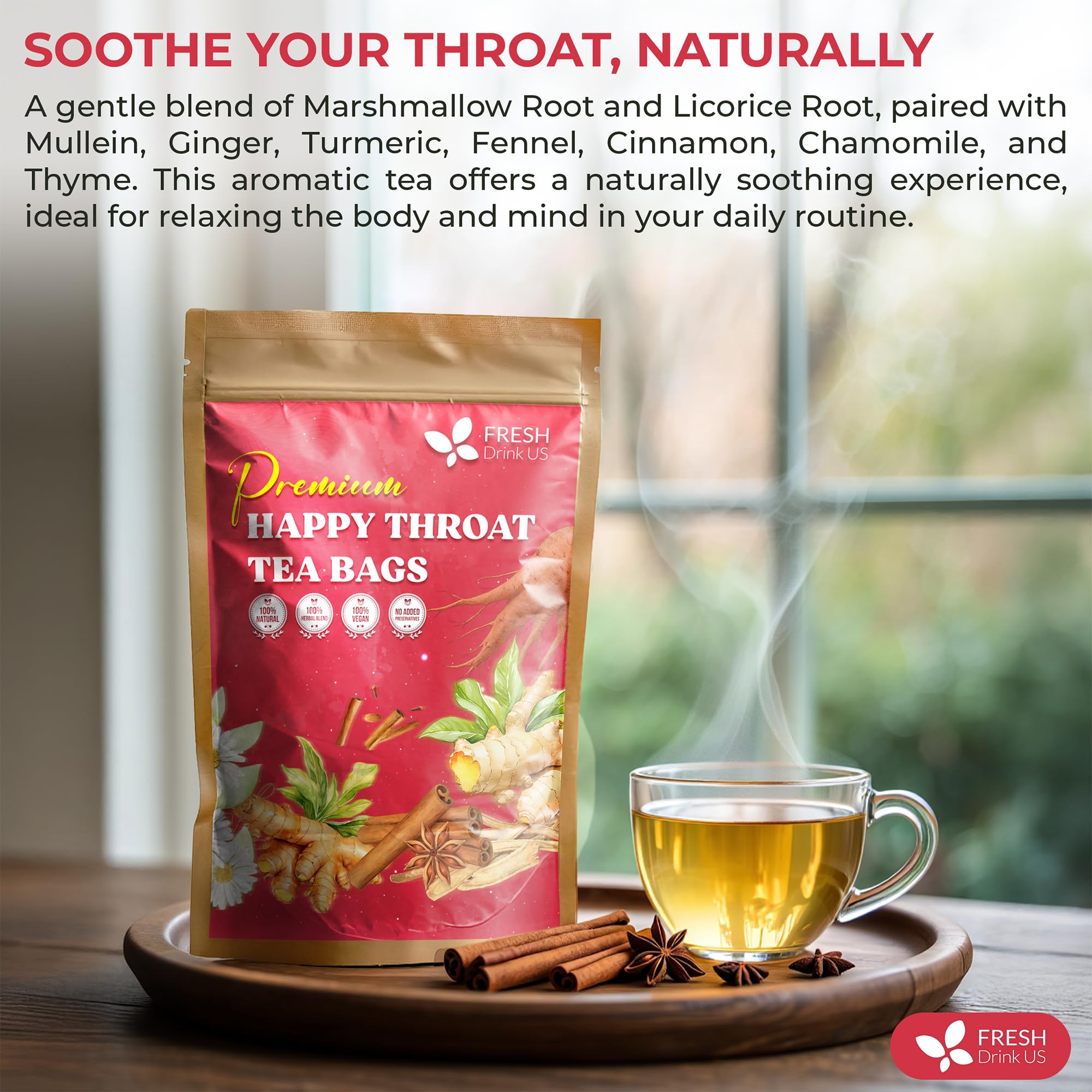 FreshDrinkUS Premium Happy Throat Tea with ginger for gentle warmth