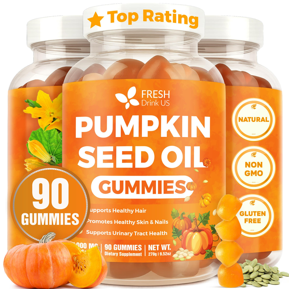 FreshDrinkUS Pumpkin Seed Oil Gummies bottle for daily wellness.