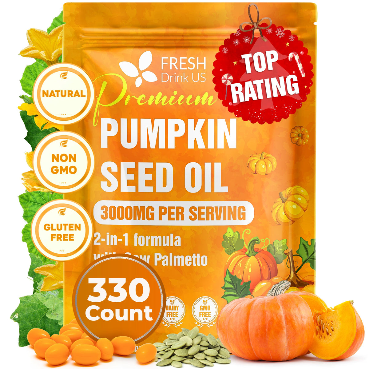 FreshDrinkUS pumpkin seed oil softgels packshot promoting daily wellness support.