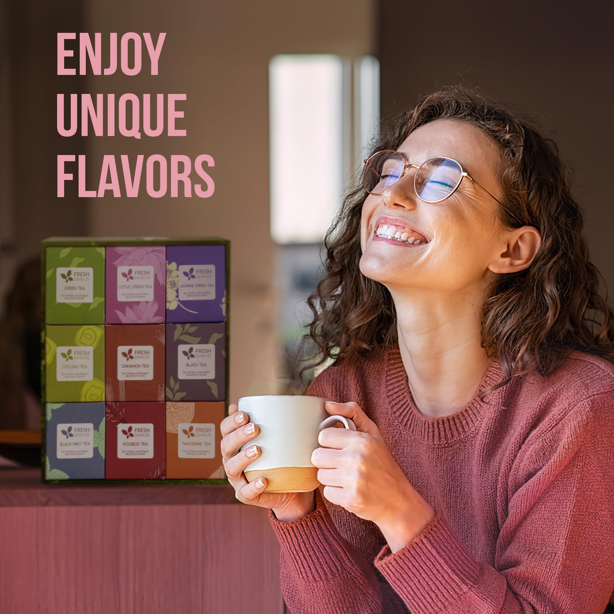 FreshDrinkUS rooibos tea bags arranged for easy selection.