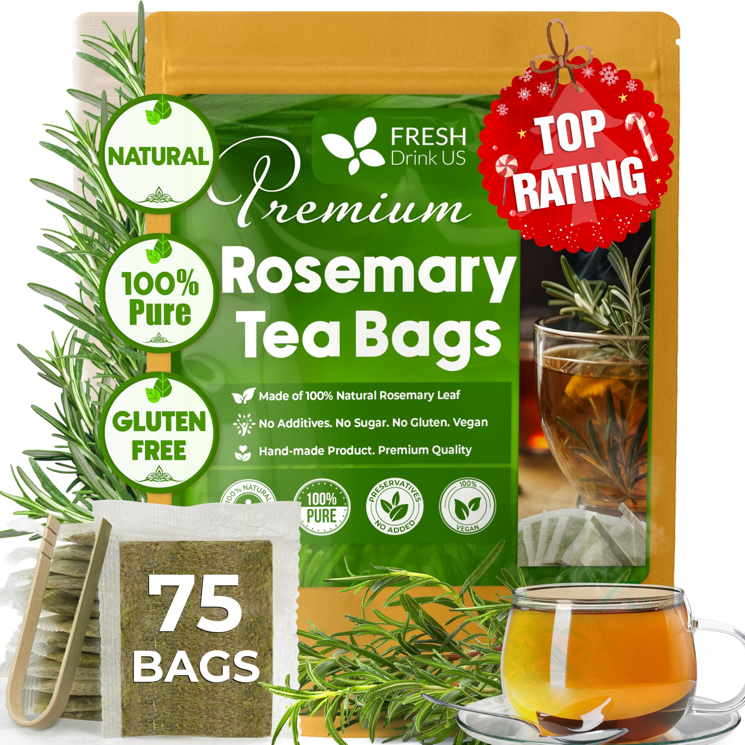 FreshDrinkUS rosemary tea bag in cup delivers a fragrant, caffeine-free moment.