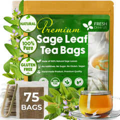 FreshDrinkUS sage leaf tea bags in pack ready for brewing.