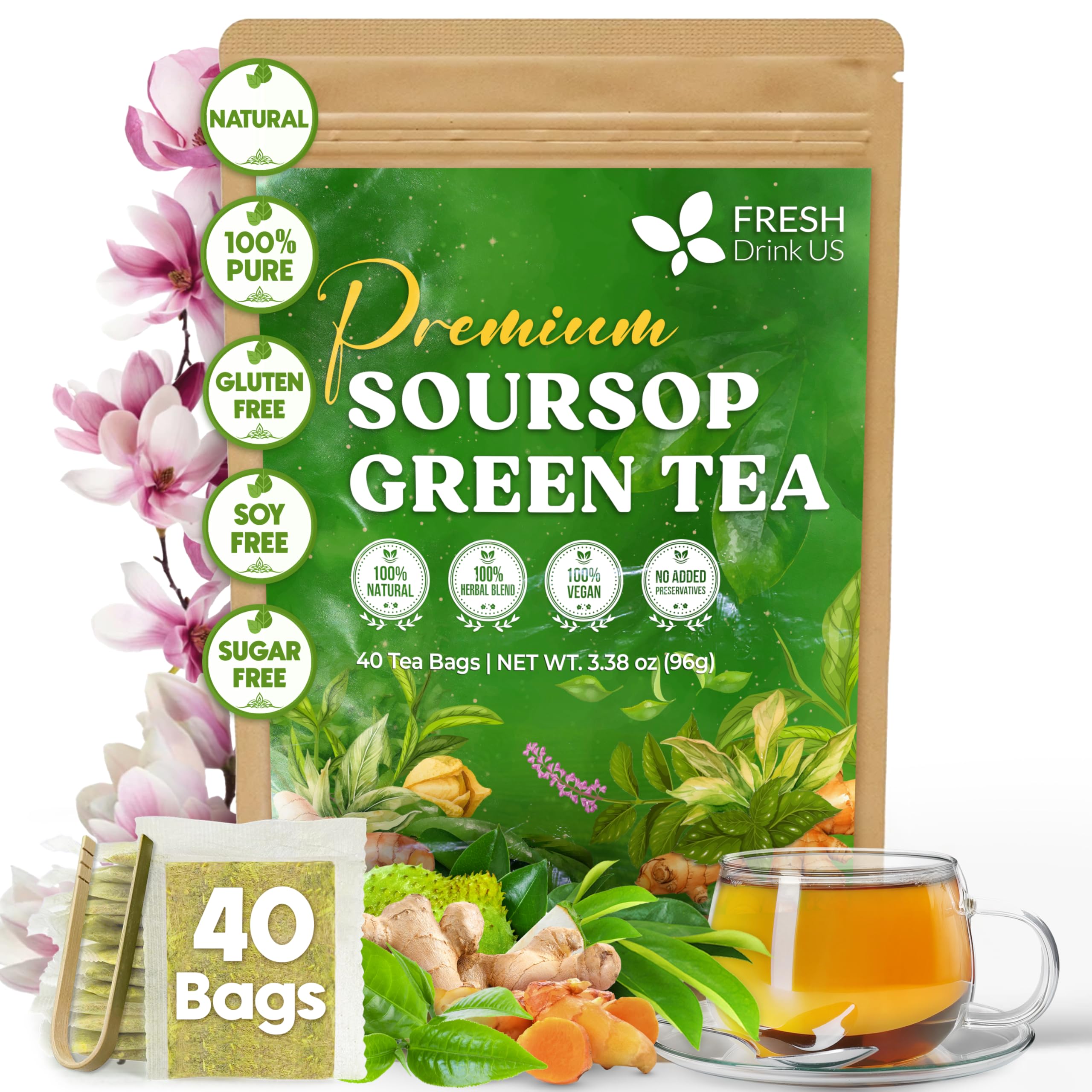 FreshDrinkUS soursop-green-tea bags packaging highlighting eco-friendly design.