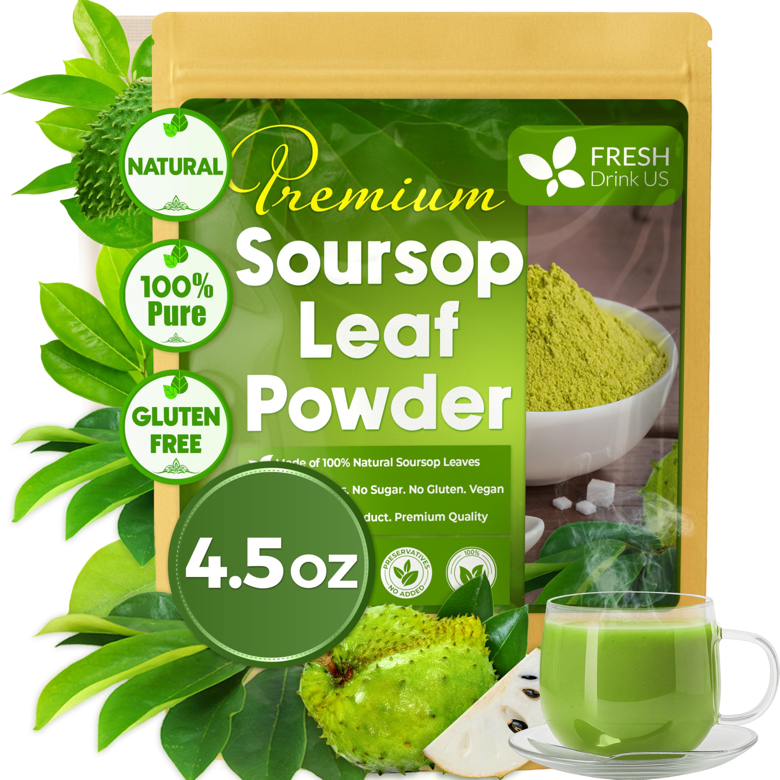 FRESHDRINKUS soursop leaf powder bottle, pure and additive-free for daily use.