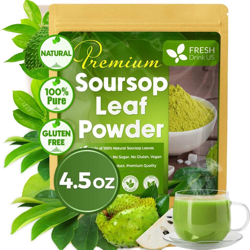 FRESHDRINKUS soursop leaf powder bottle, pure and additive-free for daily use.