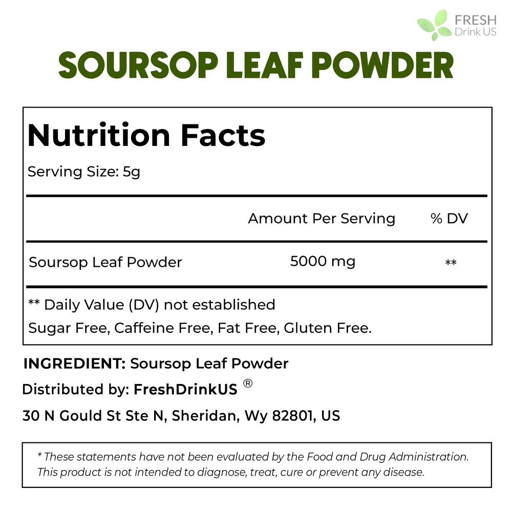 FRESHDRINKUS soursop leaf powder jar, convenient storage for antioxidant-rich ingredients.