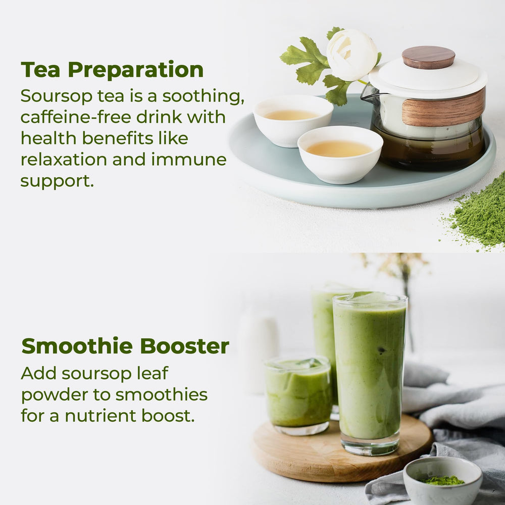 FRESHDRINKUS soursop leaf powder closeup, fresh-green texture ideal for blends.