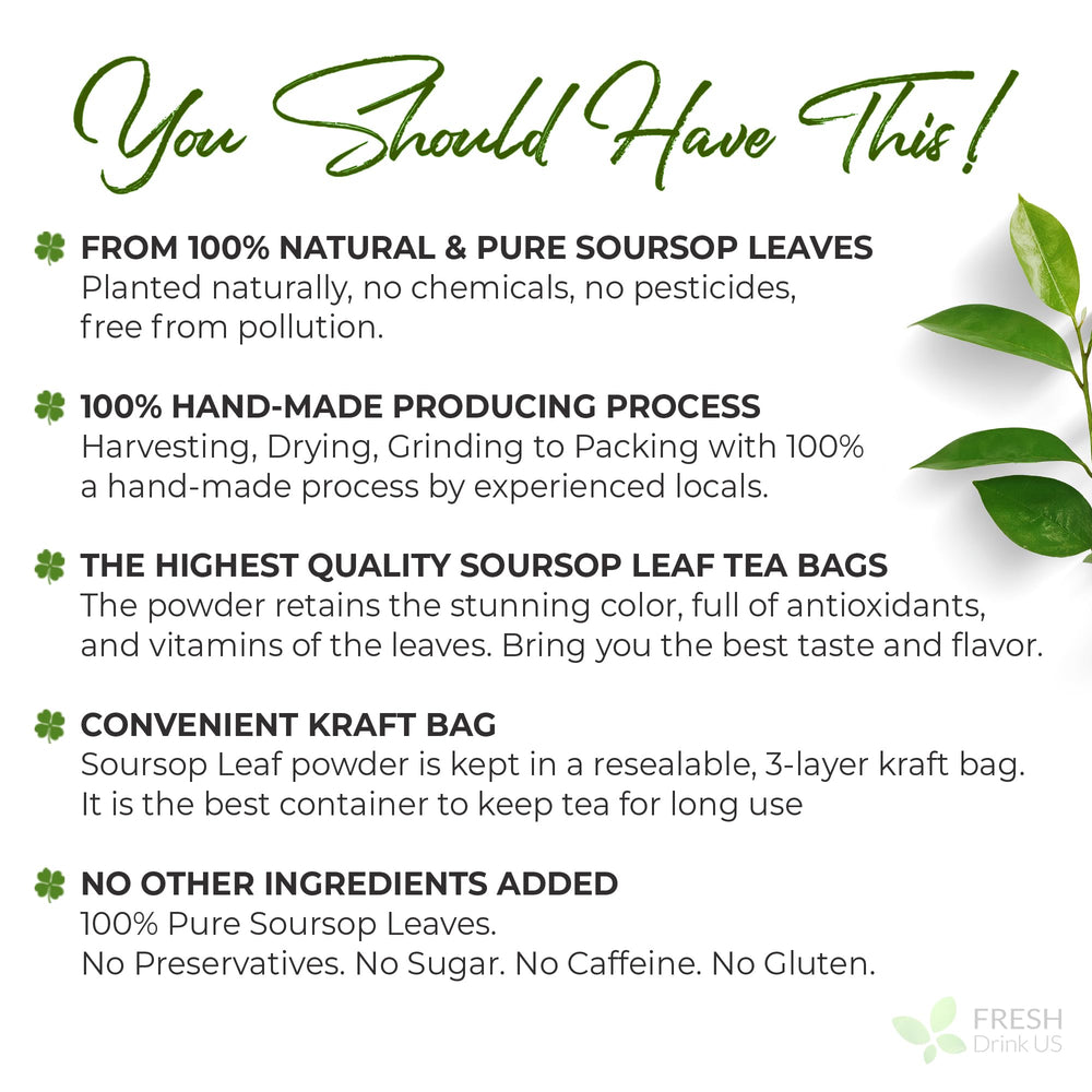 FRESHDRINKUS soursop leaf powder steeped tea, suggesting a soothing herbal infusion.