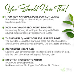 FRESHDRINKUS soursop leaf powder steeped tea, suggesting a soothing herbal infusion.