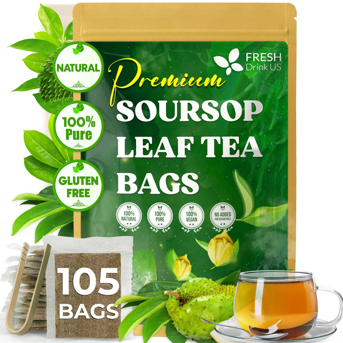 FreshDrinkUS soursop tea bag close-up showing natural leaves for pure infusion