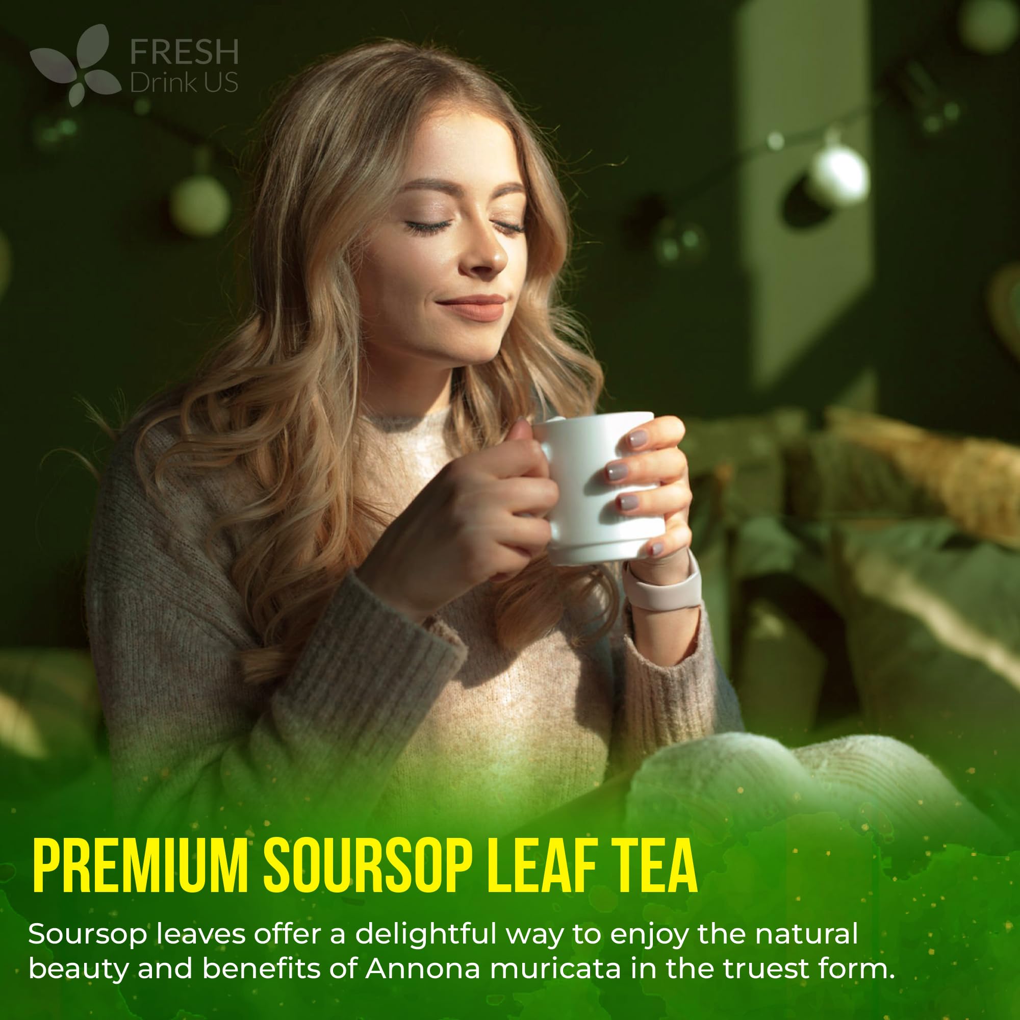 FreshDrinkUS soursop leaves close-up highlighting natural texture.