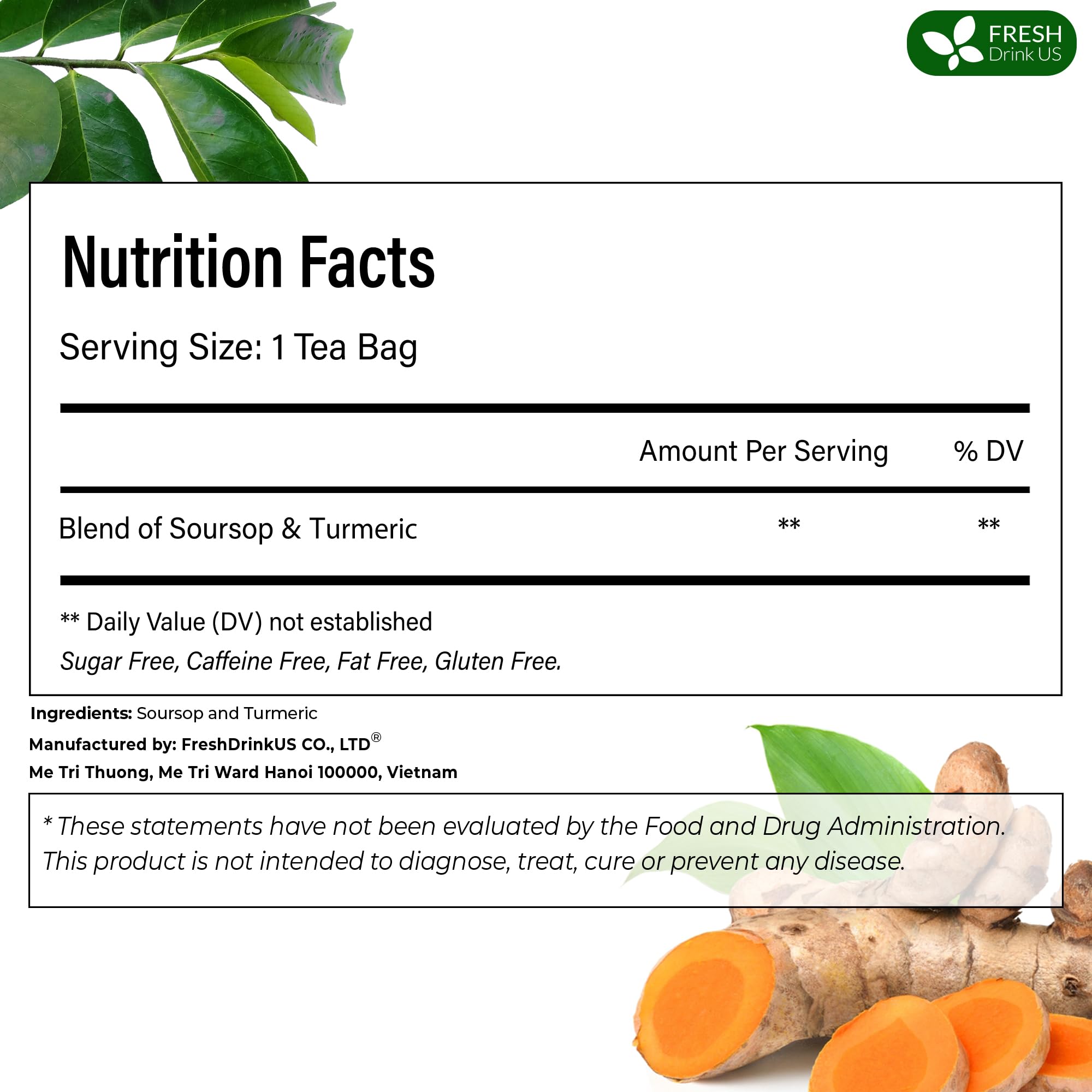 FreshDrinkUS soursop leaves and turmeric close-up for premium blend.
