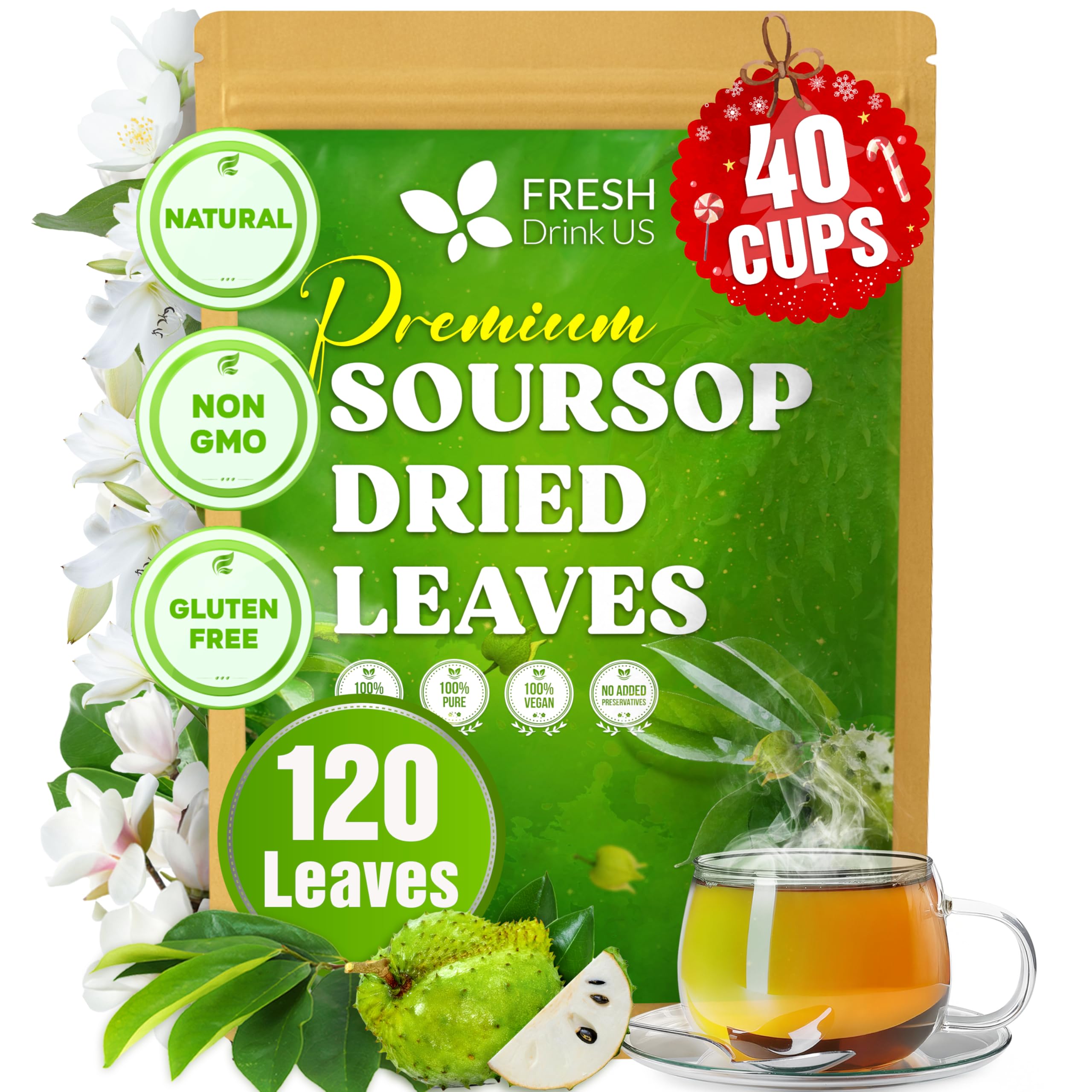 FreshDrinkUS soursop leaves in whole-leaf form for caffeine-free herbal tea.