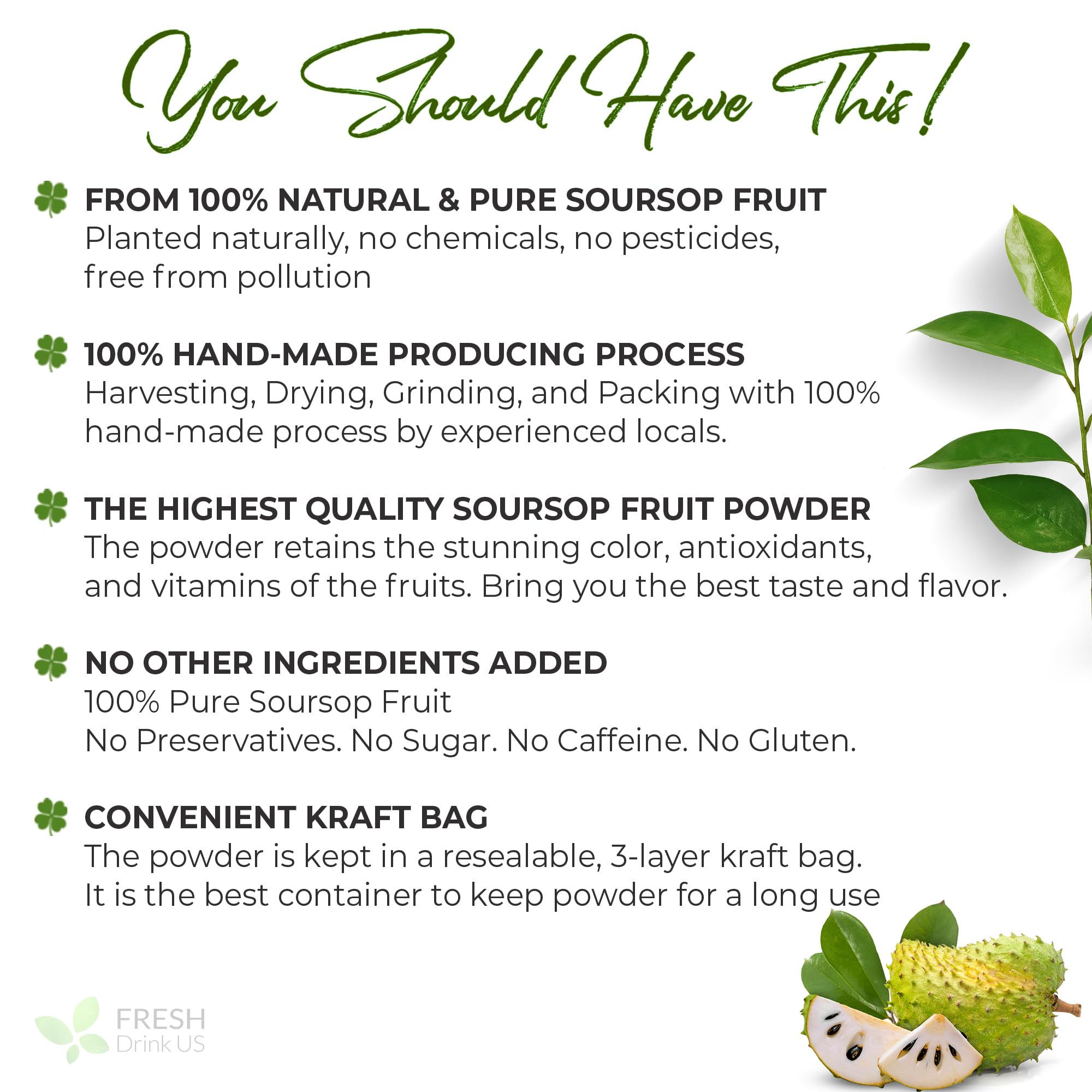 Packaging box highlights natural, additive-free formulation of the soursop powder.
