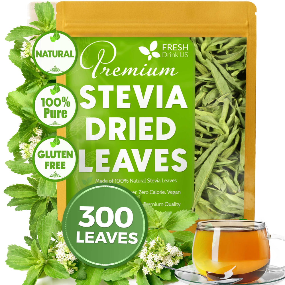 FreshDrinkUS stevia leaves pack shot, natural sweetness without additives.