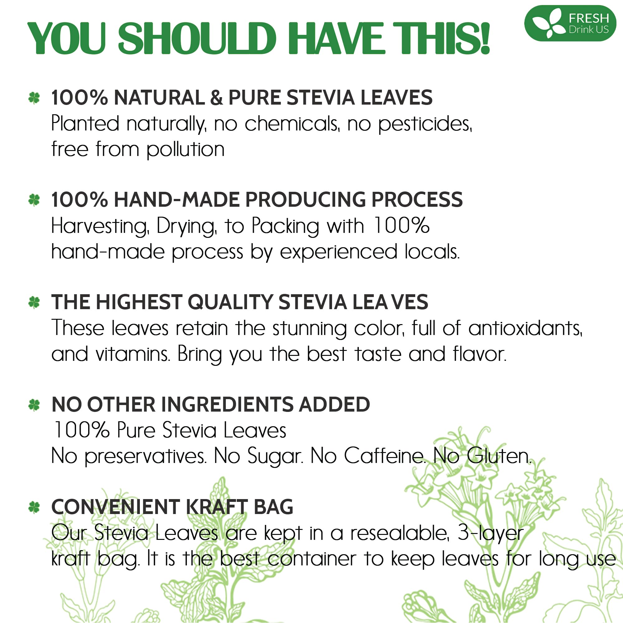 FreshDrinkUS stevia leaves sun-dried, preserving aroma and flavor.