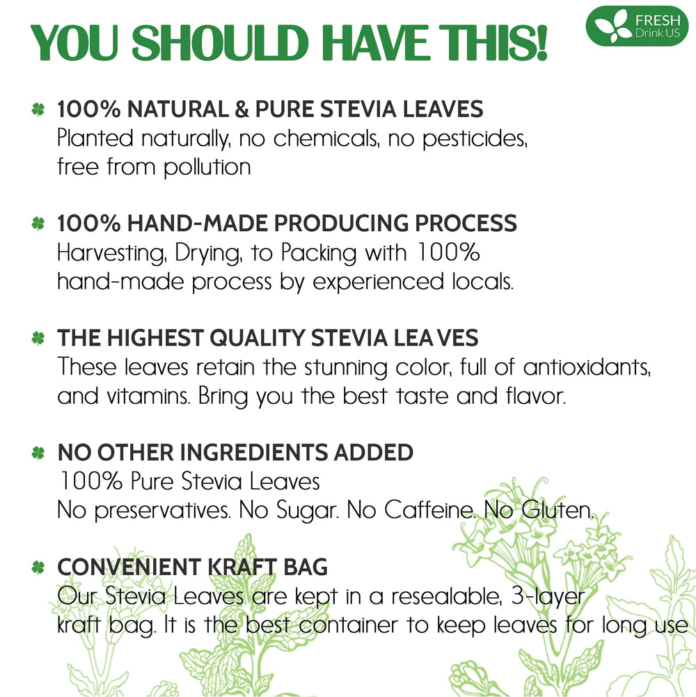 FreshDrinkUS stevia leaves sun-dried, preserving aroma and flavor.