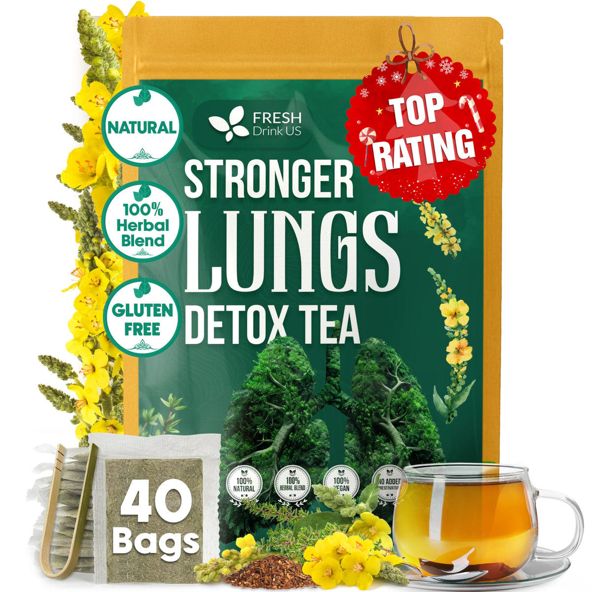 FreshDrinkUS StrongerLungs tea bag with mullein for respiratory comfort and soothing aroma.