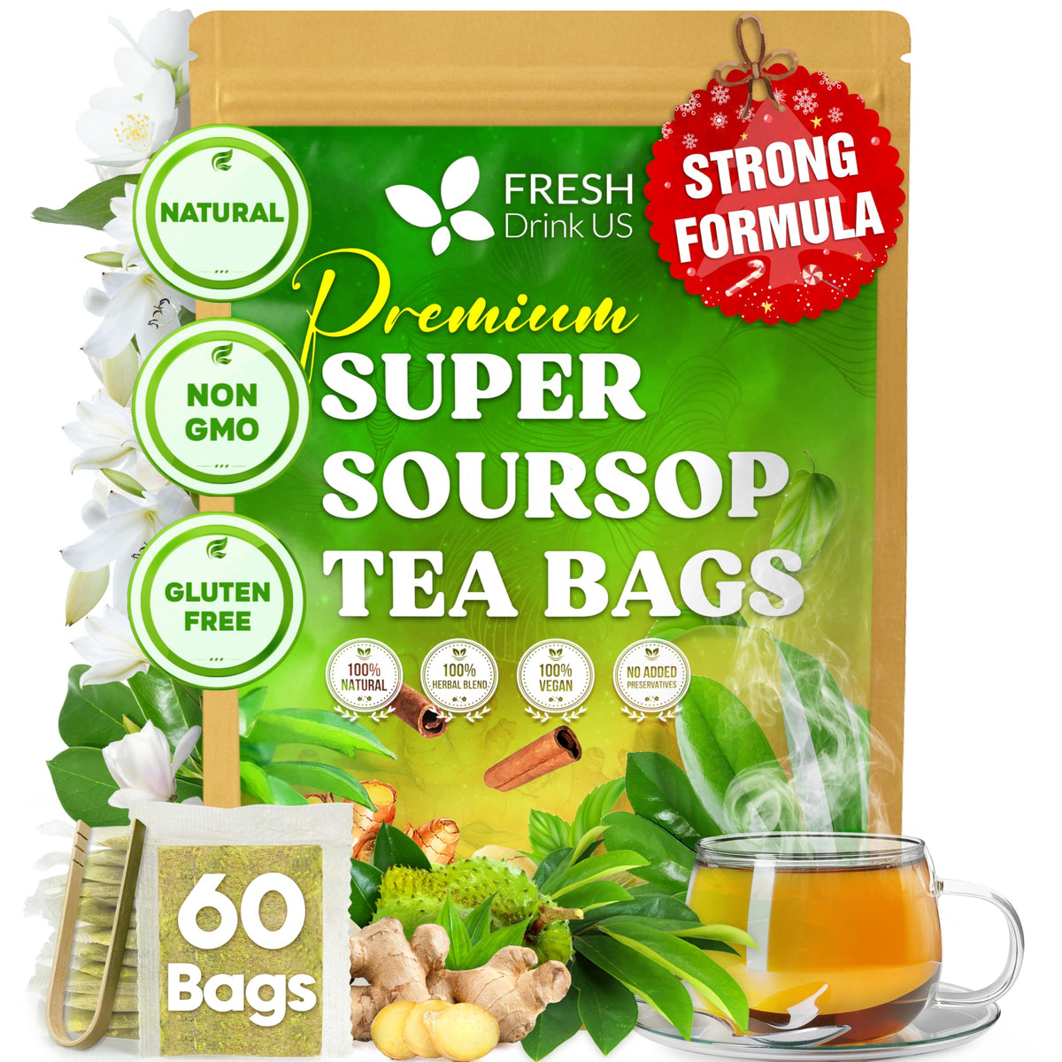 FreshDrinkUS Super Soursop Tea bags box for convenient daily ritual.