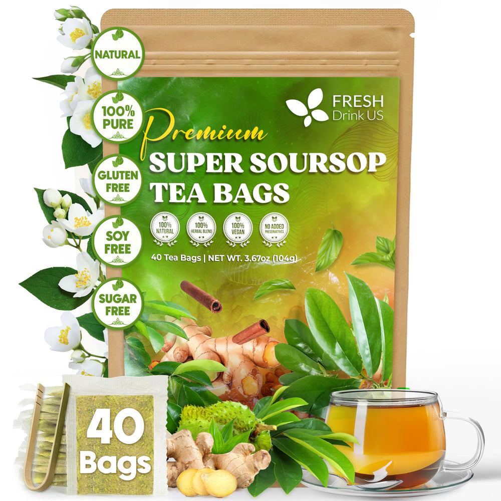 FreshDrinkUS super soursop tea bags on packaging for a calm caffeine-free break.