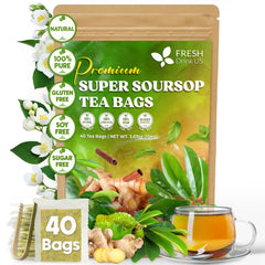 FreshDrinkUS super soursop tea bags on packaging for a calm caffeine-free break.